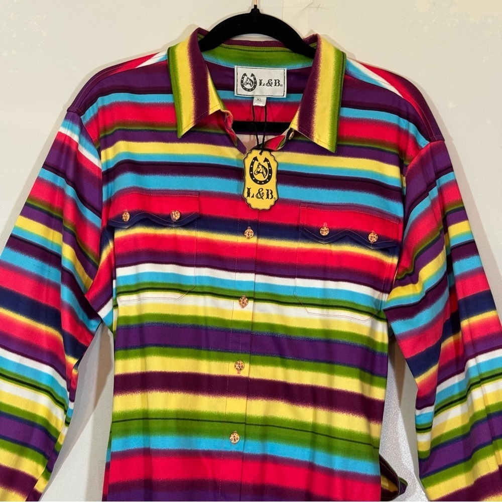 L&B Bright Multicolor Striped Button Down Shirt Dress Size XL Western Belted NWT - Picture 3 of 16